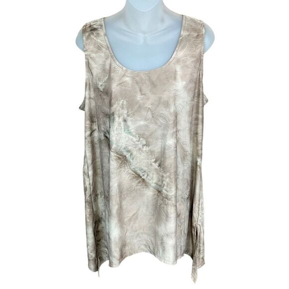 AB Studio Top Scoop Neck Tan White Shimmer Floral Embroidery Hem Side Slits XL - Picture 1 of 14